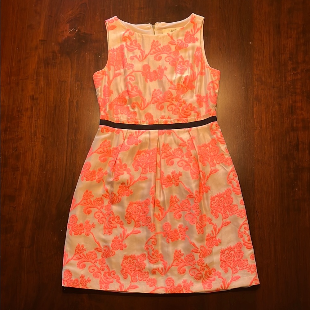 LOFT White with Pink Floral Sheath Mini Dress Sleeveless Scoop Neck